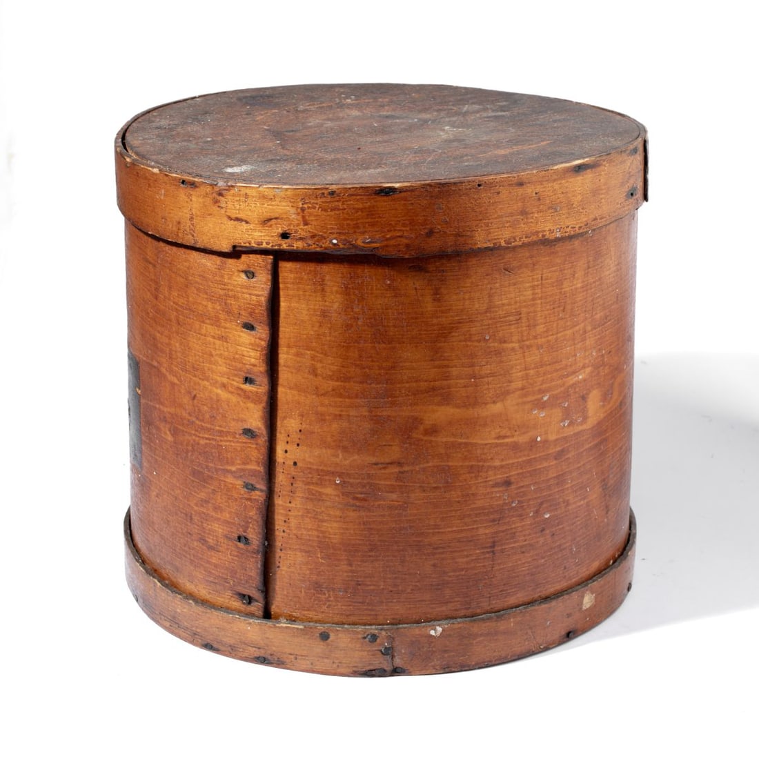 Antique Tobacco Wood Firkin Container: Antique wood firkin container with affixed 20 pound tobacco stamp label with hand-written issuer and date reading 1876. Some losses and punctures at label; in very good overall condition with