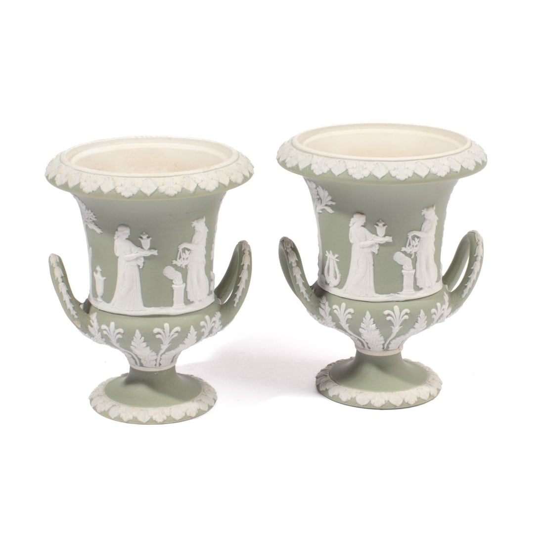 Pair of Wedgwood Green Dip Jasperware Urns (1 of 4)