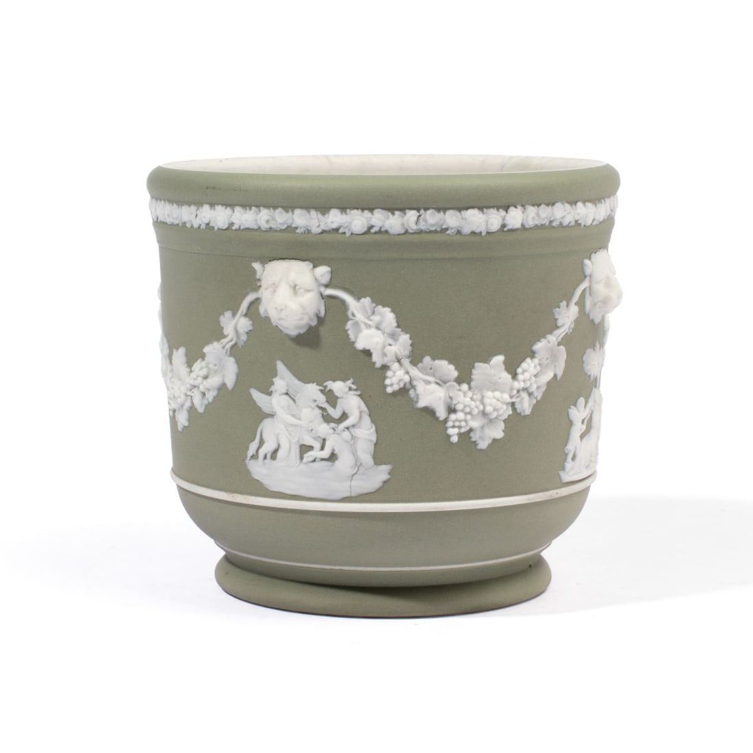 Wedgwood Sage Green Dip Jasperware Cache Pot: Early 20th century Wedgwood sage green dip cache pot having hanging grapes between lion mask handles framing vignettes featuring classical figures. Impressed "WEDGWOOD" and "ENGLAND" marks to undersid