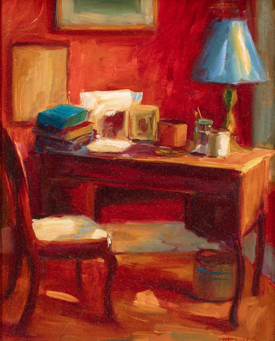 Pam Ingalls (WA) "Desk" Oil on Masonite: Pam Ingalls (Washington) "Desk" Oil on Masonite. Signed lower right. Artwork depicts an antique desk. Artwork measures 14x11"; framed with overall size 21x17.5". Excellent condition.