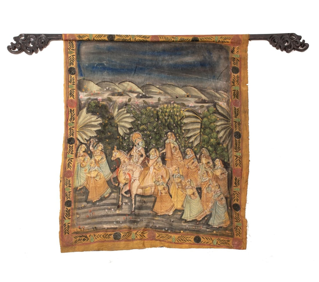Indian Cloth Pichwai Painting: Vintage Indian cloth pichwai in polychrome pigments on cloth affixed to wood roller bar having wedding procession scene. In good condition with some slight expected wear. Hangs 41x34"; Bar extends 56"