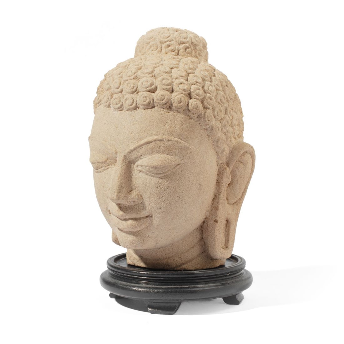 Indian Carved Sandstone Head of Buddha: Indian carved sandstone bust of Shakyamuni Buddha. Includes wood stand. In very good overall condition. Head measures 8.5" H x 5" x 5.5".