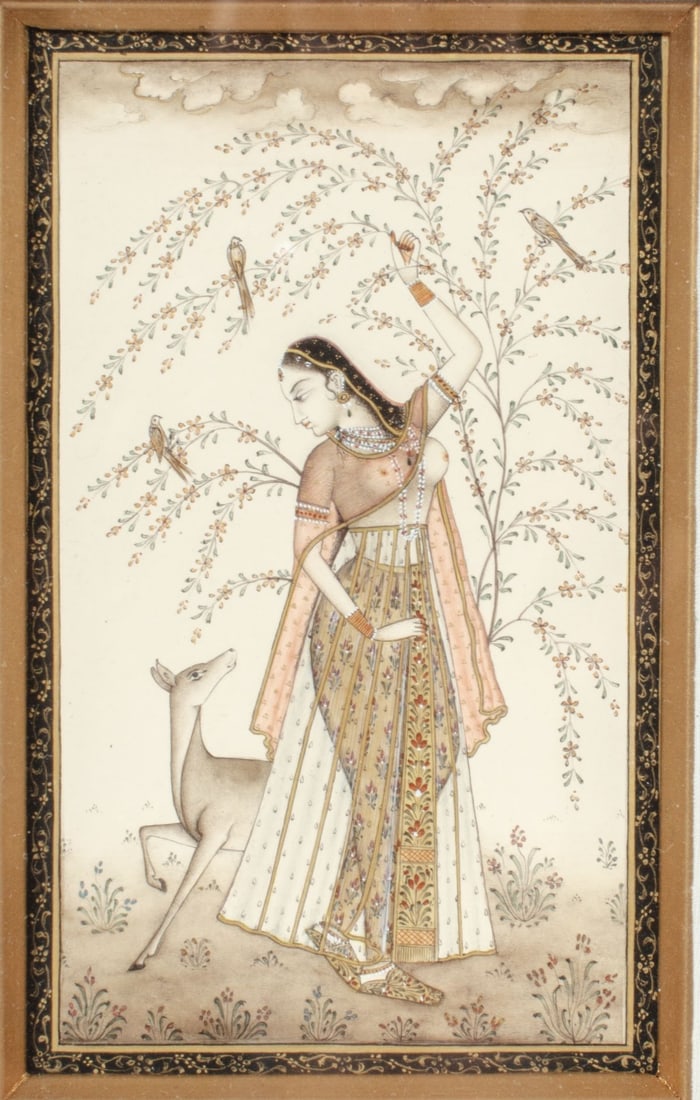 Indian Painted Miniature Lady And Deer on Panel: Indian painted miniature depicting a semi-nude lady and deer under flowering tree with birds and gilt flowerhead border. Pigments on panel. Framed. Appears to be in very good condition; not examined o