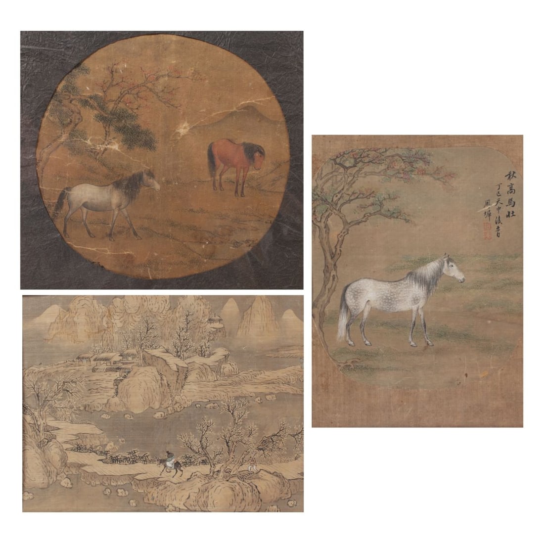 Three Chinese Silk Paintings / Horses & Landscape: Three 19th/20th century. Chinese silk paintings. (1): Fan painting of a white speckled horse under flowering tree with inscription and two seals of the artist. Framed. Some darkening, wear and slight 