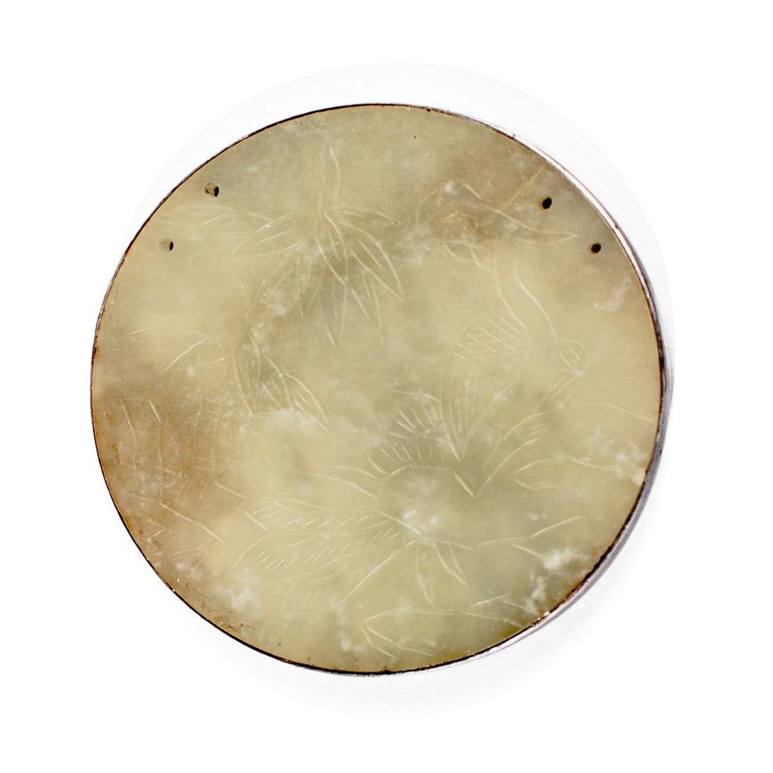 Chinese Carved Jade "Pheasant & Bamboo" Pendant: Chinese carved pale celadon jade round pendant depicting pheasant on rock and bamboo. 19th century. Affixed to later sterling silver backing. Appears to be in very good condition. 2.5"D.