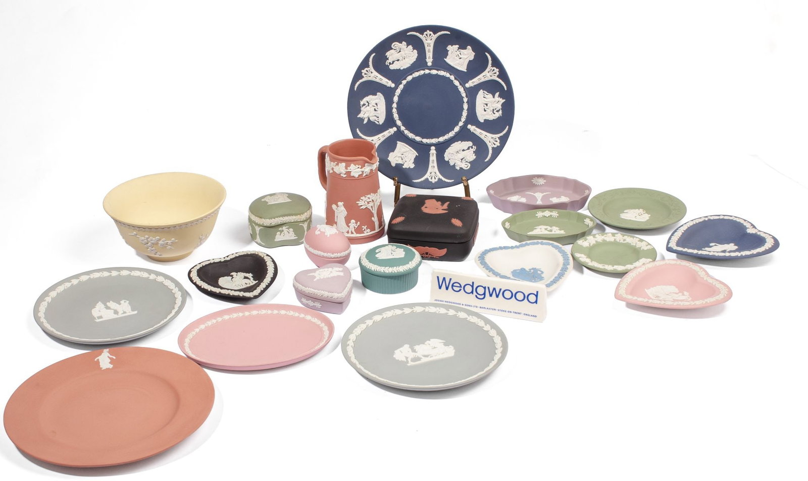 Group of 21 Wedgwood Jasperware Boxes / Dishes: Large group of twenty-one 20th century Wedgwood solid jasperware articles. Includes heart-form dishes, plates, display plaque, boxes, bowl and pitcher. All pieces with impressed "WEDGWOOD MADE IN ENGL