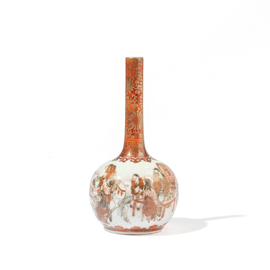 Japanese Kutani Porcelain "Scholars" Bottle Vase: A Japanese Kutani Porcelain Bottle Vase. Meiji Period. Finely painted scholars and attendants viewing paintings and practicing calligraphy in red enamel and gilt. Six-character mark to base. In very g