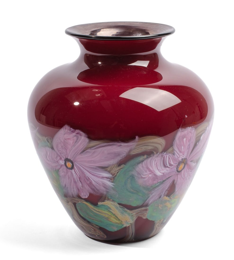 John Fields (OR) Studio Art Glass Vase: John Fields (Fields & Fields, Portland, OR) hand blown heavy red glass vase with clematis style flowers, leaves, and vines. Hand etched signature along base side. Very good condition. 9.75" H. Biograp