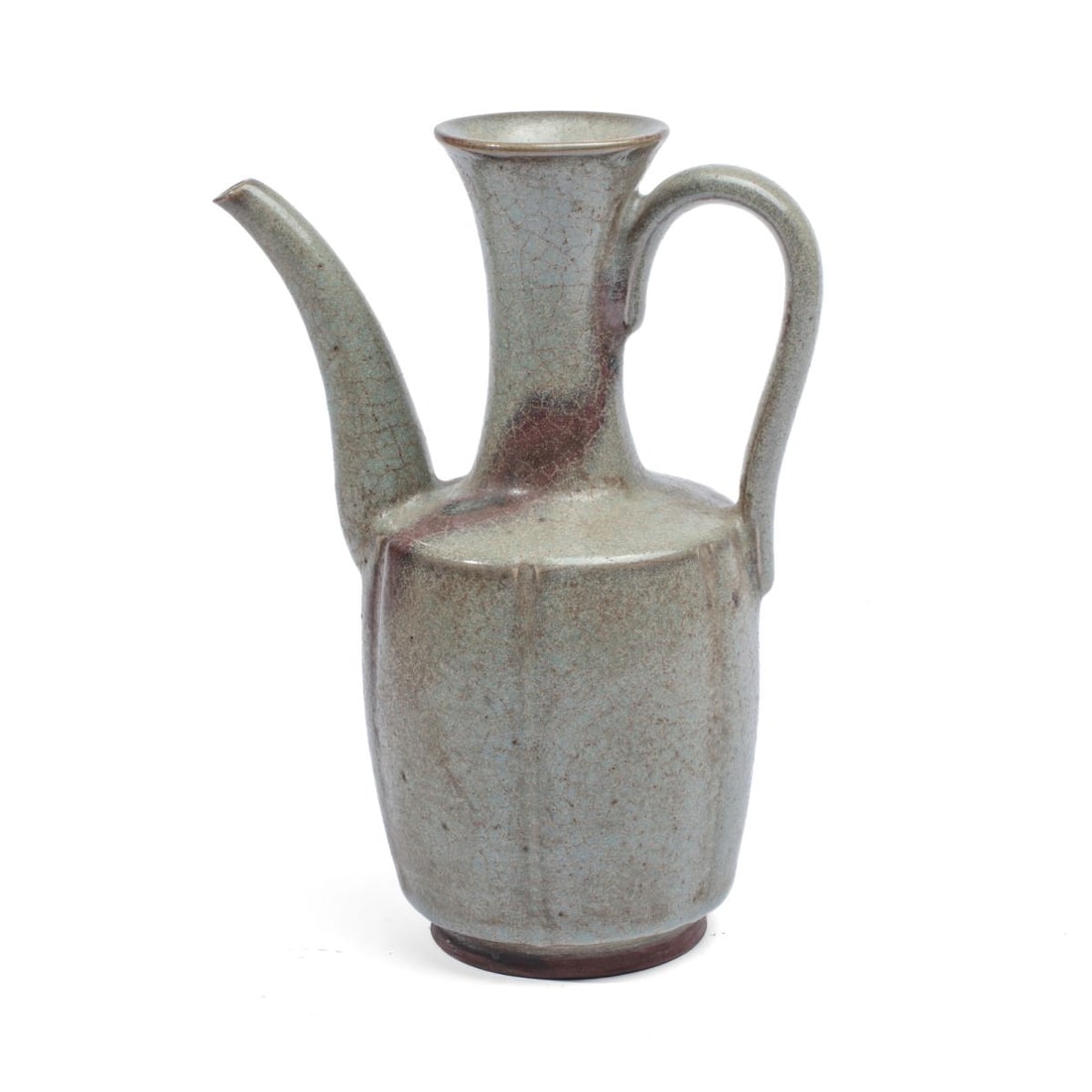 Chinese Song Style Jun Ware Pottery Wine Ewer: Chinese Song style Jun ware pottery wine ewer. Olive green glaze with a dark purple splash at the middle up to the neck; olive brown glaze to upper rim and spout. Dark Brown pottery basal rim.