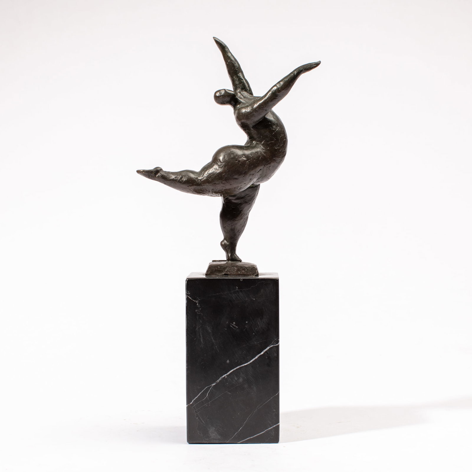 Max Milo (1938–1976) Modernist Bronze Sculpture: Max Milo (1938–1976, Austrian). Modernist Rubenesque female bronze figure in dancing pose. "European Bronze Finery" round plaque and incised "Milo" signature. Solid black marble pedestal base. Very 