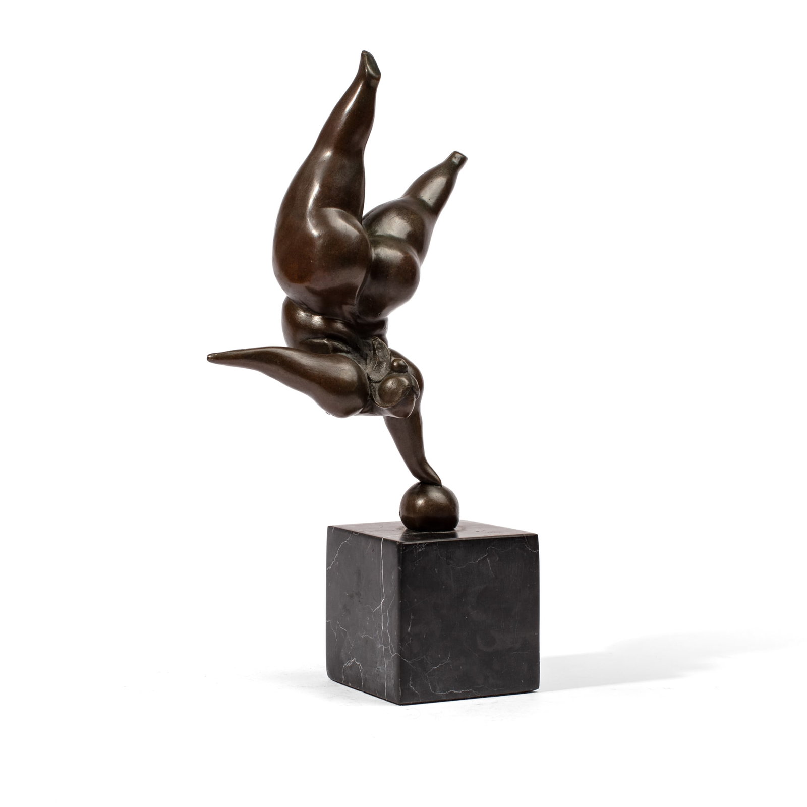 Max Milo (1938–1976) Modernist Bronze Sculpture: Max Milo (1938–1976, Austrian). Modernist Rubenesque acrobat female bronze figure posed balancing on a ball. Incised "Milo" signature mark. Solid black marble pedestal base. Very good condition. Tot