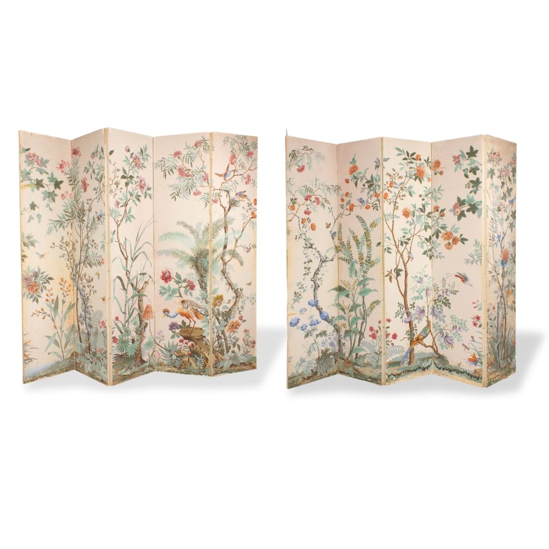 Pair Floral Wallpaper Room Dividers: A pair mid-century wallpaper room divider/ floor screens, each with five panels decorated in blue and green tones with birds perched on floral and fruited vines. Height 8ft (2.40m); width of each pane
