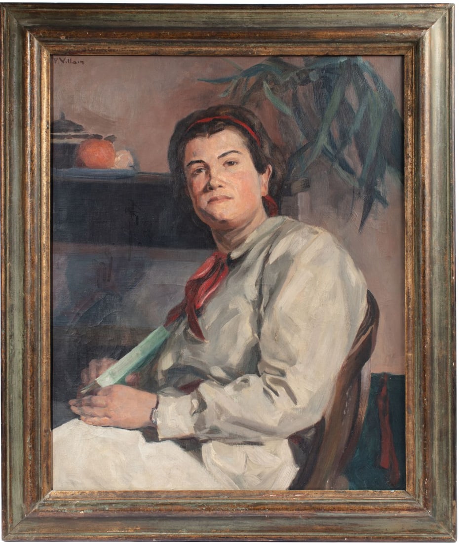 Pierre Villain Portrait of Young Woman with Book: Pierre Villain (1880-1950 France) Portrait of Young Woman with Book Oil on Canvas, circa 1912. Signed upper left corner. Canvas measures 24x19.5"; vintage painted frame with gilt highlights with overa