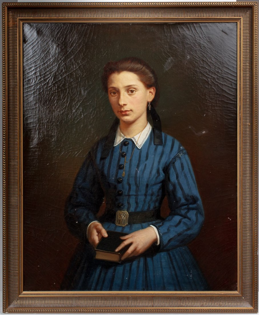 Antique Portrait of a Young Woman with Jewelry: Antique Portrait of a Young Woman with Jewelry Oil on Canvas, circa 1860's. Unsigned. Artwork depicts young lady in stripe dress with large brass belt buckle, necklace with pendant, black ribbon in ha