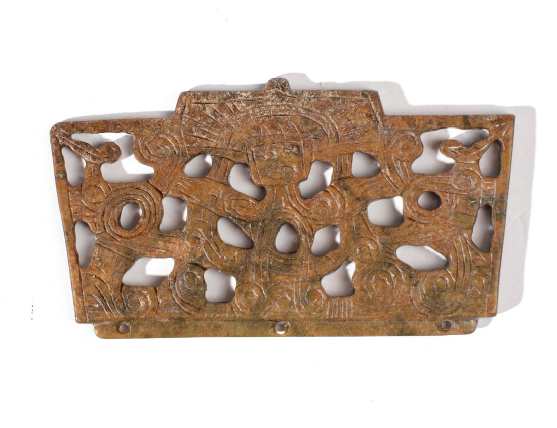 Antique Chinese Jade Neolithic Style Plaque: Circa Ming or Qing dynasty carved brown jade neolithic style figural plaque with pierced and incised carving. Good condition. 2" x 3 5/8" approx.