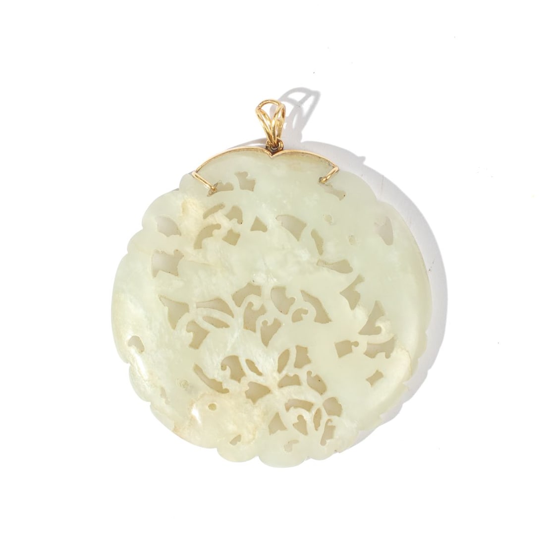 Large Chinese Jade & 14K Gold Peaches Pendant: 19th century Chinese pierced carved jade medallion with double peach motif. Custom fitted with 14k support and bail for pendant use. Good condition. 2.75" dia. approx.