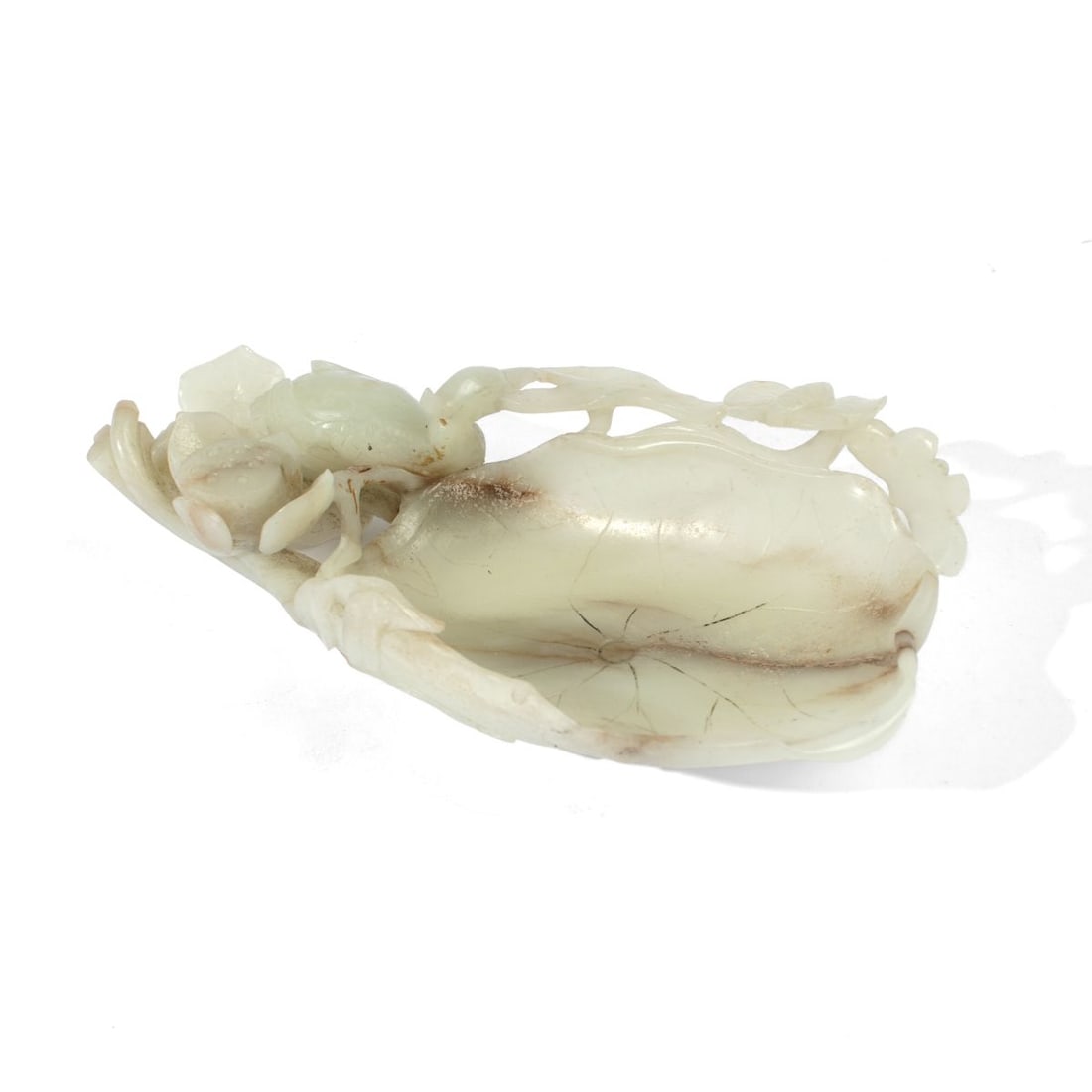 Chinese Large Jade Lotus Group Carving: 19th century Chinese carved jade lotus bowl group. Lotus lilly pad with pod and moth / butterfly. Provenace: S Bernstein & Co. Good condition. 1.5" H x 6" L approx.