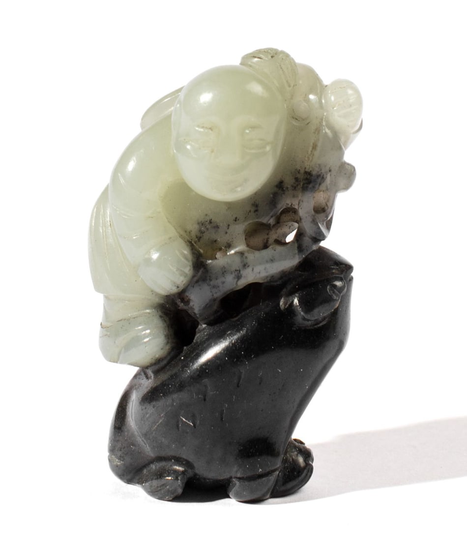 19th C. Chinese Jade Boy & Frog Carving: 19th century Chinese carved pale grey and black jade boy and frog figure. Good condition. 2.25" approx.