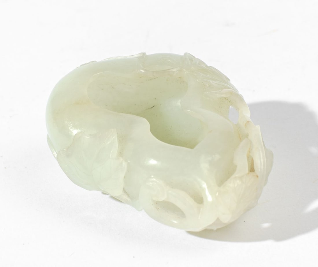 Chinese Qianlong Jade Brush Washer: Chinese Qianlong period gourd form brush washer in pale green (almost white) jade. Good condition. 1" H x 2 3/8" x 1 7/8" approx.