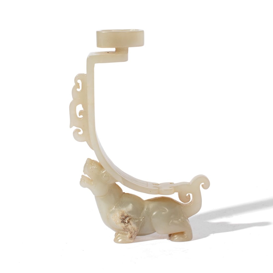 19th C. Chinese Jade Incense Burner: 19th century Chinese pale green jade incense burner. Carved with animal creature supprting an arched support with incense holder at top. Provenance: Berenstein & Co. Good condition. 5.25" H approx.