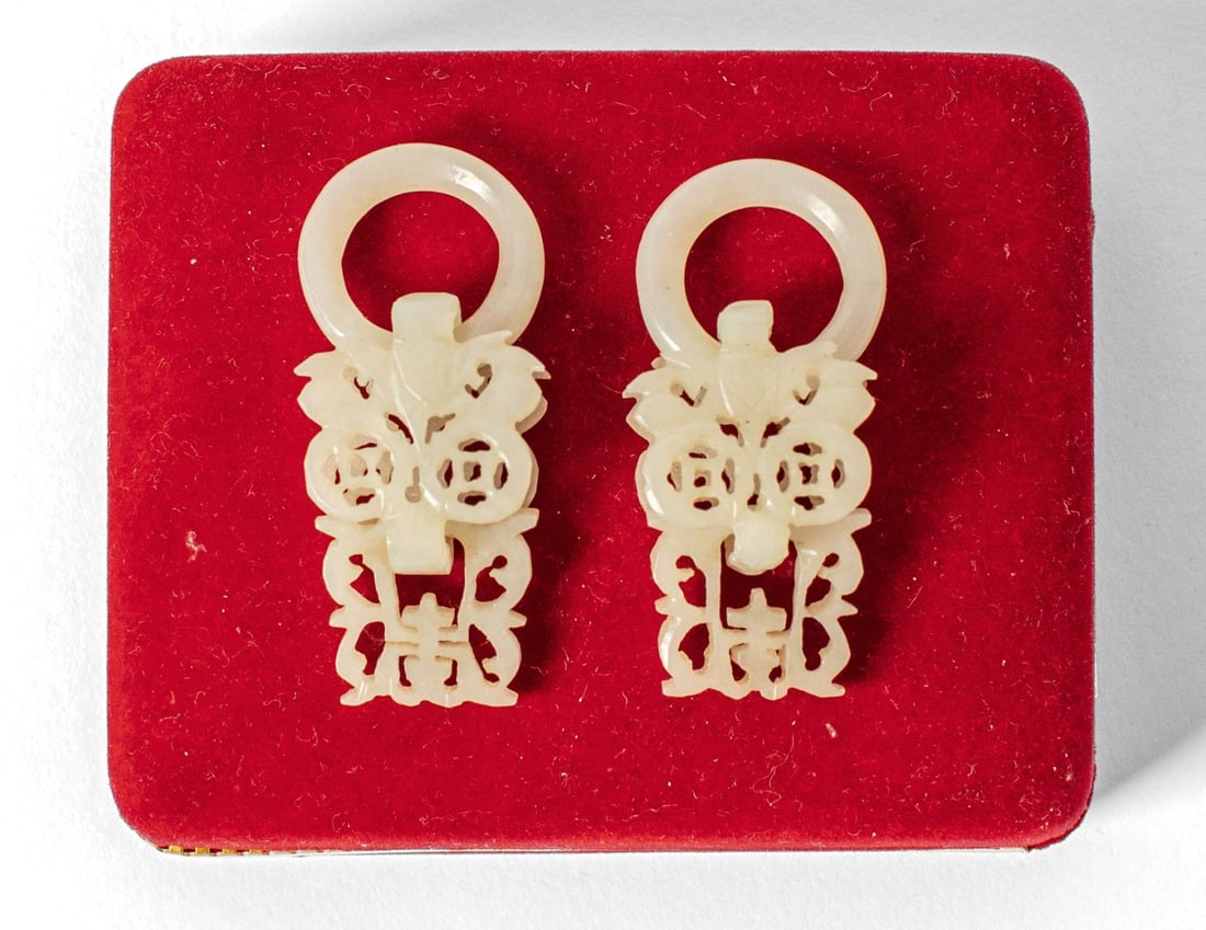 Pair Chinese Articulated White Jade Pendants: Pair 19th century Chinese white jade pendants; both carved in 3 articulated sections. Good condition. Each 1.5" L approx. Includes red velvet box.
