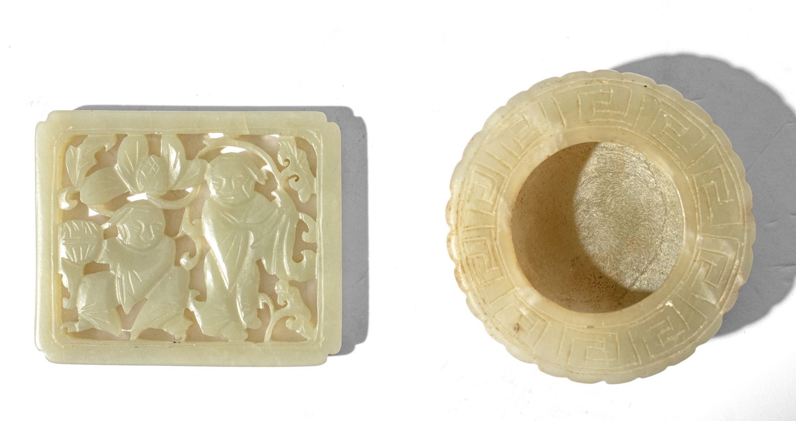 Chinese Celadon Jade Brush Washer & Plaque: Two Chinese 19th century carved pale celadon jade items. (1) Small brush washer with ribbed sides and incised border design to rim. 3/4" H x 2" dia. approx. (2) Pierced and carved plaque depicting the