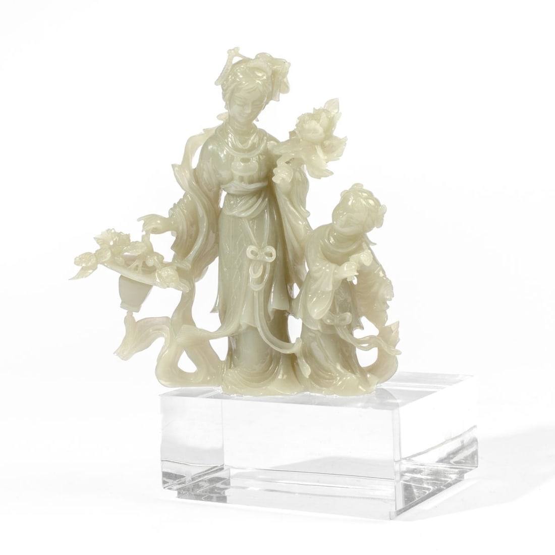 Chinese Carved Jade Meiren with Lucite Stand: 20th century Chinese glossy green jade carved Meiren figure with child; mounted to lucite base. Good condition with a few small expected nick chips / losses, etc. Figure 6.6" H x 5.75" W approx. Stand