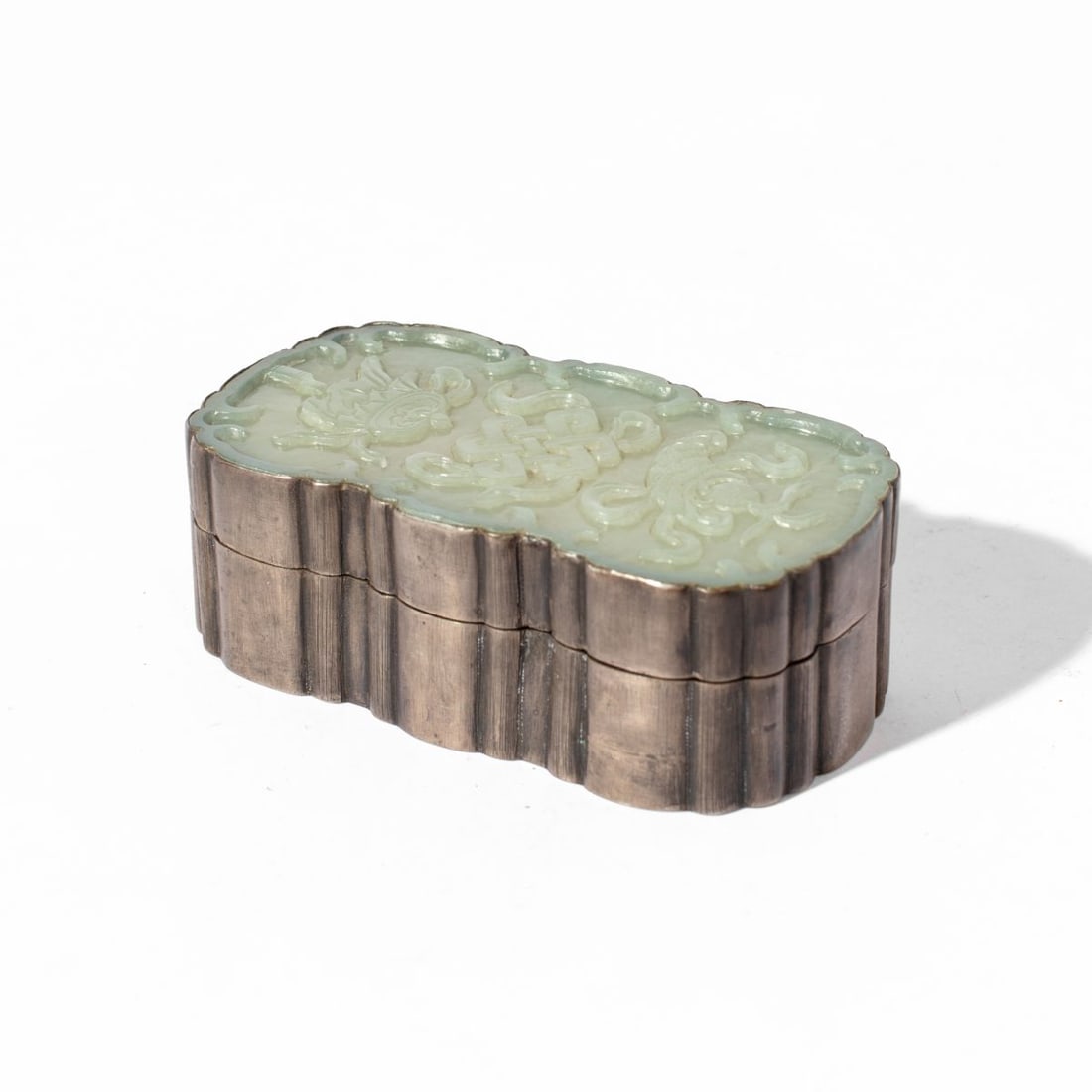 19th C. Chinese White Jade & Silver Box: Circa 19th C. Chinese silver box with white jade plaque carved with Buddhist symbols to lid. Hallmark to bottom along with "8". Good condition. 1 3/4" H x 5" x 2 5/8" approx.