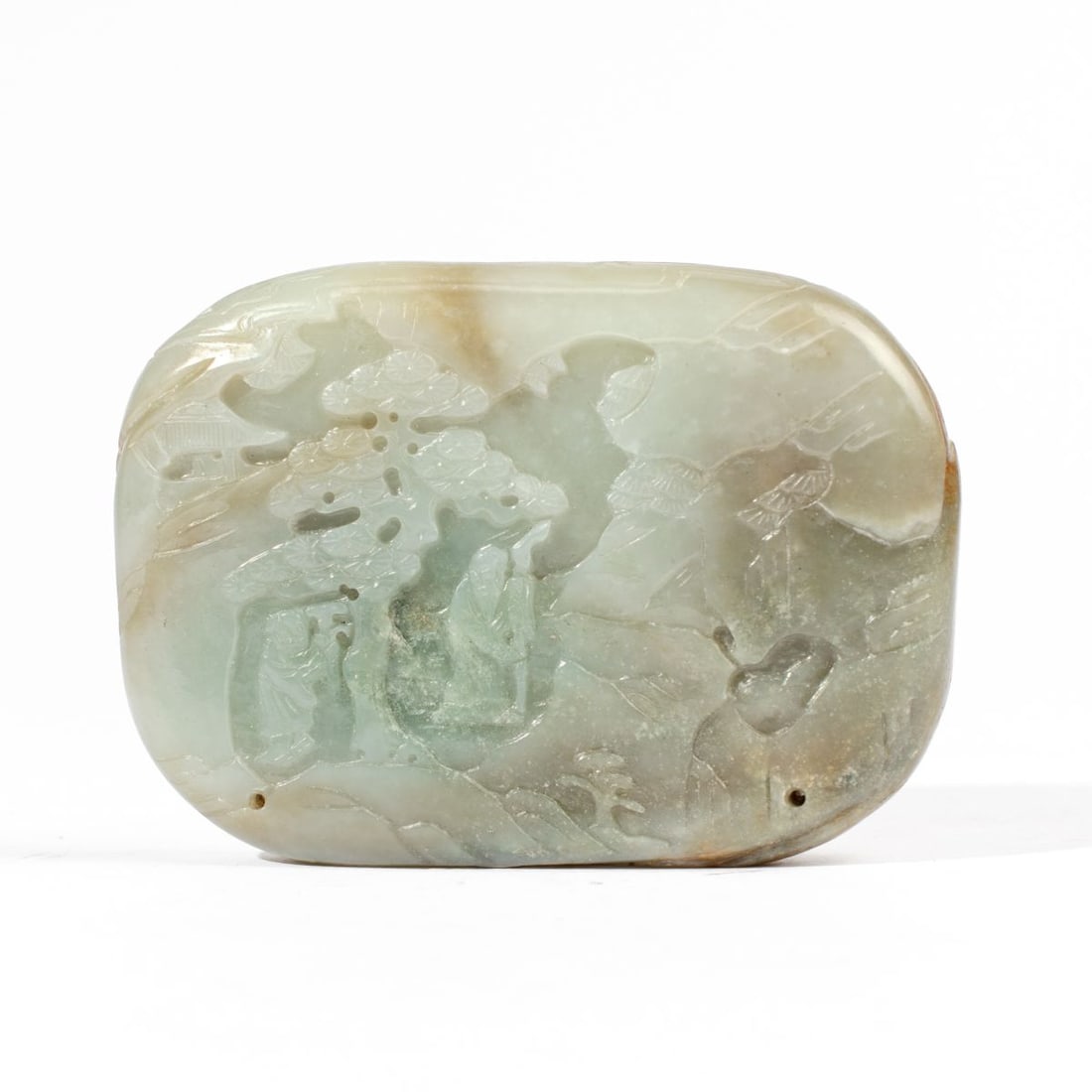 Chinese Green Jade Landscape Plaque - Jade Haven: Qianlong Period green jade plaque carved with landscape scenes to each side; one side with two figures in garden and the other with ram resting in a rocky scene. Jade Haven Galleries J.C. Buller - A.M