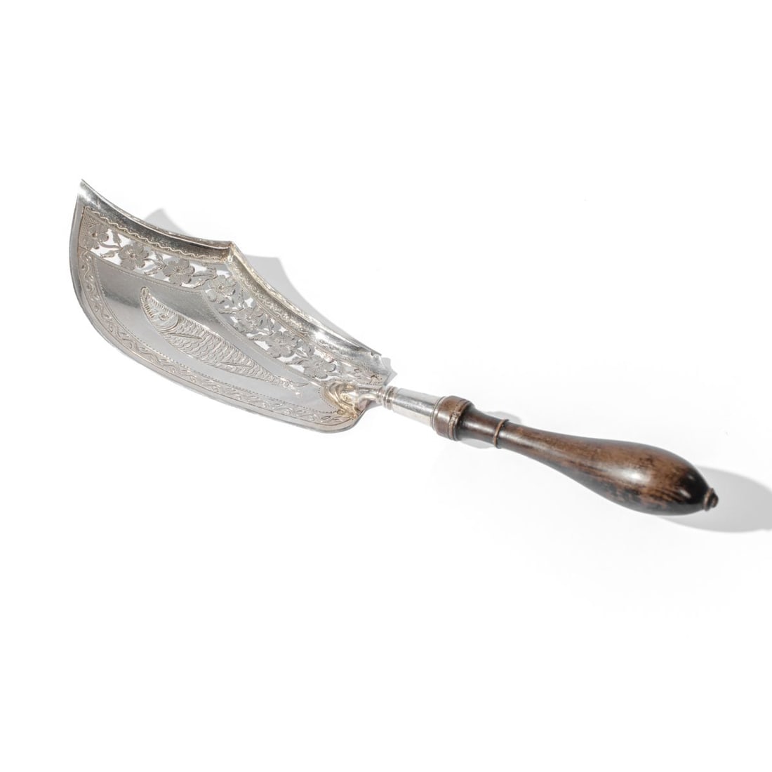 1819 - 1838 French 950 Silver Fish Slice Knife: 1819 - 1838 French silver fish slice with pierce cut flower design and engraved long pointed snout fish. Blade stamped with 3 hallmarks near handle attachment: 1) Hippocrates facing right mark. 2) Loz