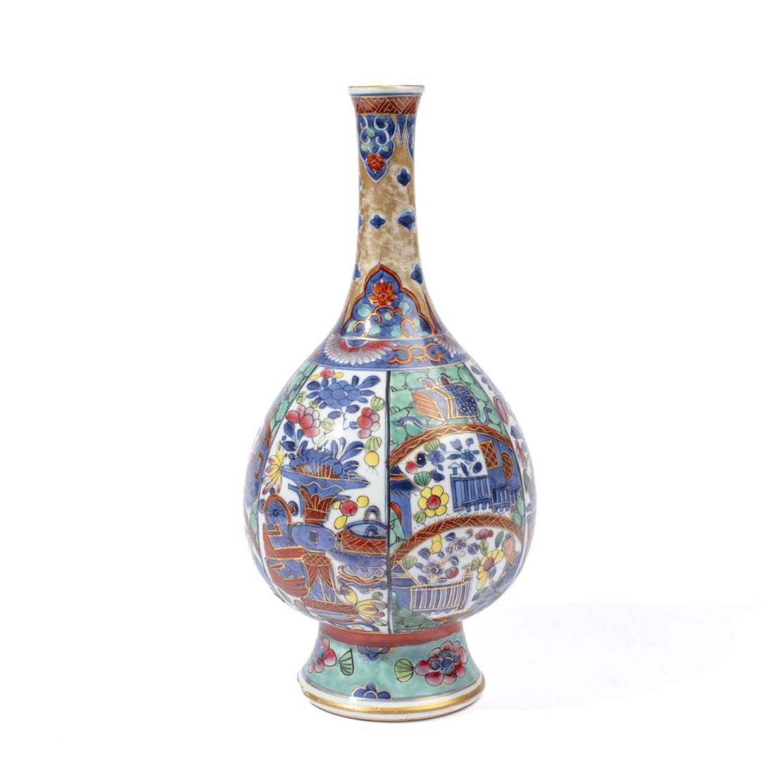 Chinese Kangxi Clobbered Pear Form Vase: Kangxi period (1662-1722) Chinese blue and white vase with "clobbered" bright enamel and gilt surface. Good condition with two small nicks to the rim and some wear to neck gilding. 10.5" H approx.