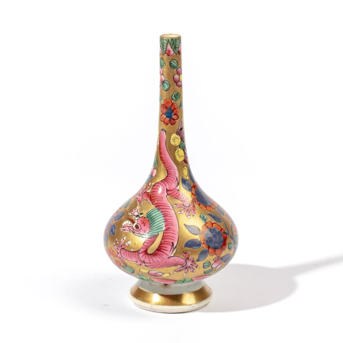 Chinese Kangxi Dragon Clobbered Pear Form Vase: Kangxi period (1662-1722) Chinese blue and white vase with "clobbered" bright pink and green enameled dragons on a enameled gold gilt background. Underglaze red mark to bottom. Good condition. 6.5" H 
