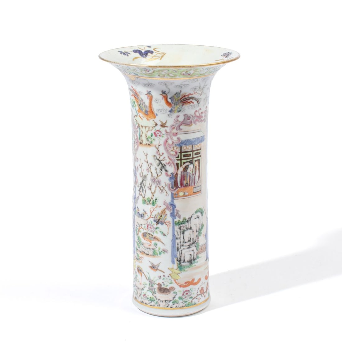 18th C. Chinese Famille Rose Flaring Vase: Yongzheng or Qianlong period Chinese Famille Rose tall flaring vase. Elaborately painted with court figure panels to each side surrounded by various birds and flowers. Cowpertwaite Family Trust collec