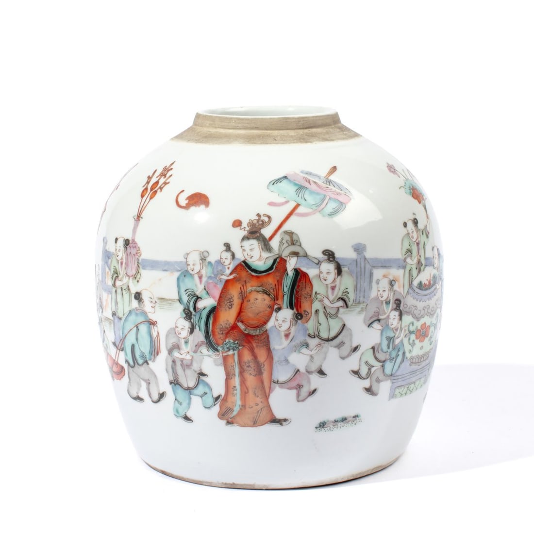 Early 19th C. Chinese Famille Rose Ginger Jar: Early 19th century Chinese Famille Rose ginger jar with elaborate scene of adult and children figures. Good condition. 9' H approx.