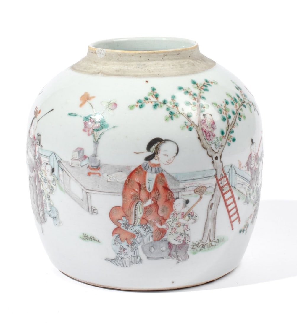 Early 19th C. Chinese Famille Rose Ginger Jar: Early 19th century Chinese Famille Rose ginger jar. Decorated landscape scene of adult figures and children at play. Two small rim chips; otherwise good condition. 7' H approx.