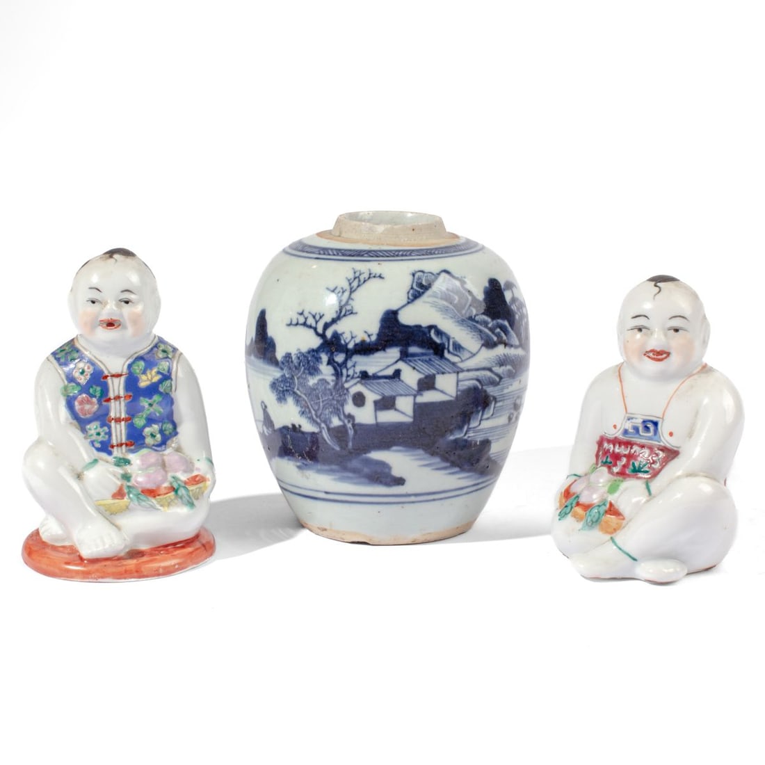 19th C. Chinese Ginger Jar & Two Boy Figures: (1) Circa 1860s/ 70s Chinese blue and white small ginger jar with continuous landscape scene. Good condition with small nick chip to rim. 4.75' H. (2) Two circa Republic Period seated boy figurines