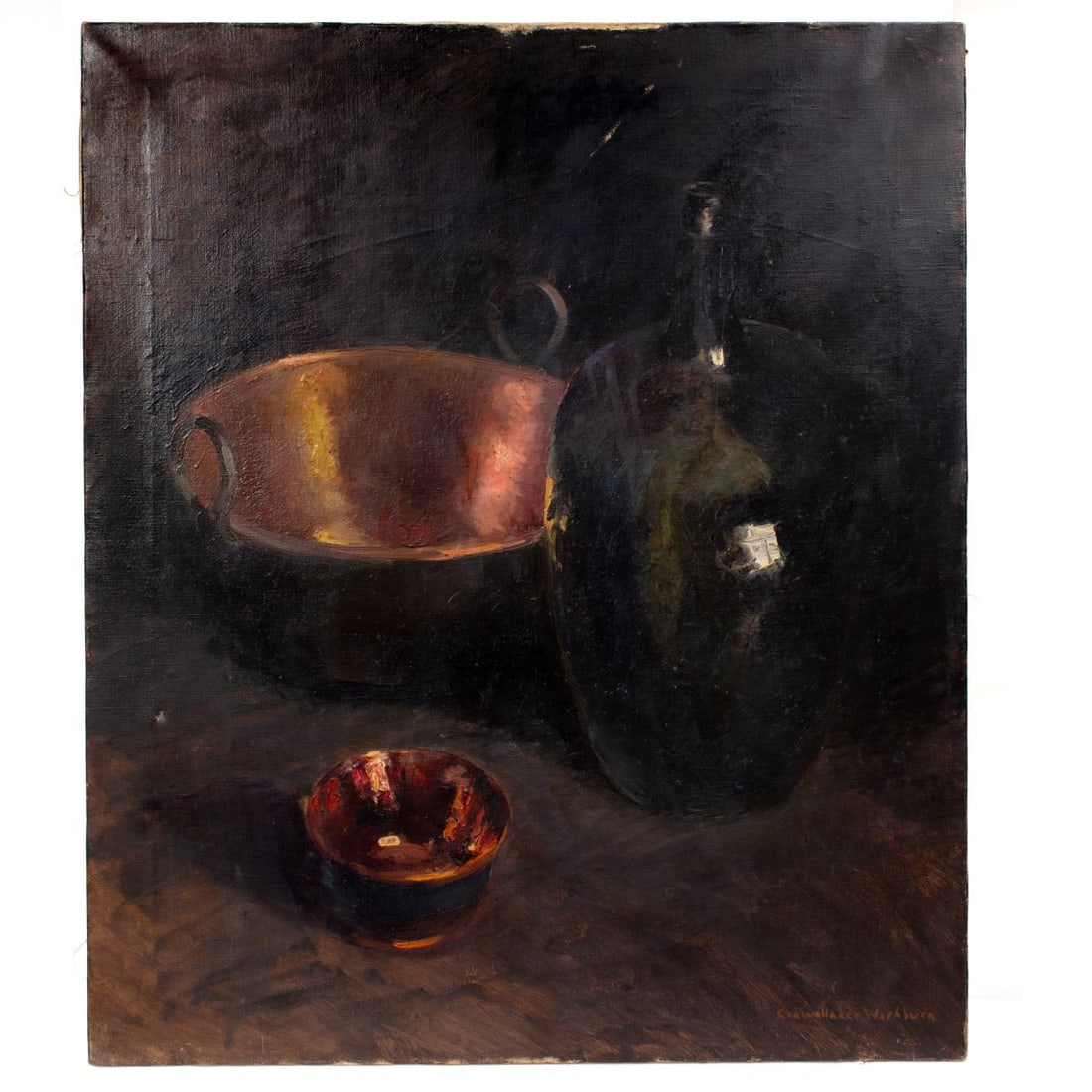 Cadwallader Lincoln Washburn / Oil on Canvas: Cadwallader Lincoln Washburn (1866-1965). Oil on canvas still life with three vessels. Signed lower right. Generally good unrestored condition with small semi-puncture lower left side, scratch upper