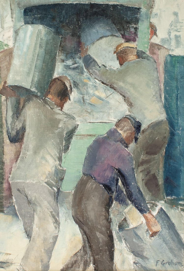 Vintage Ashcan School Painting / Glasgow Bin Men: "Glaswegians at Work", circa 1940s. Scottish "Ashcan School" style oil on canvas painting depicting Glasgow garbage men at work by Freda Graham; signed lower right. Glasgow Civic Art Association