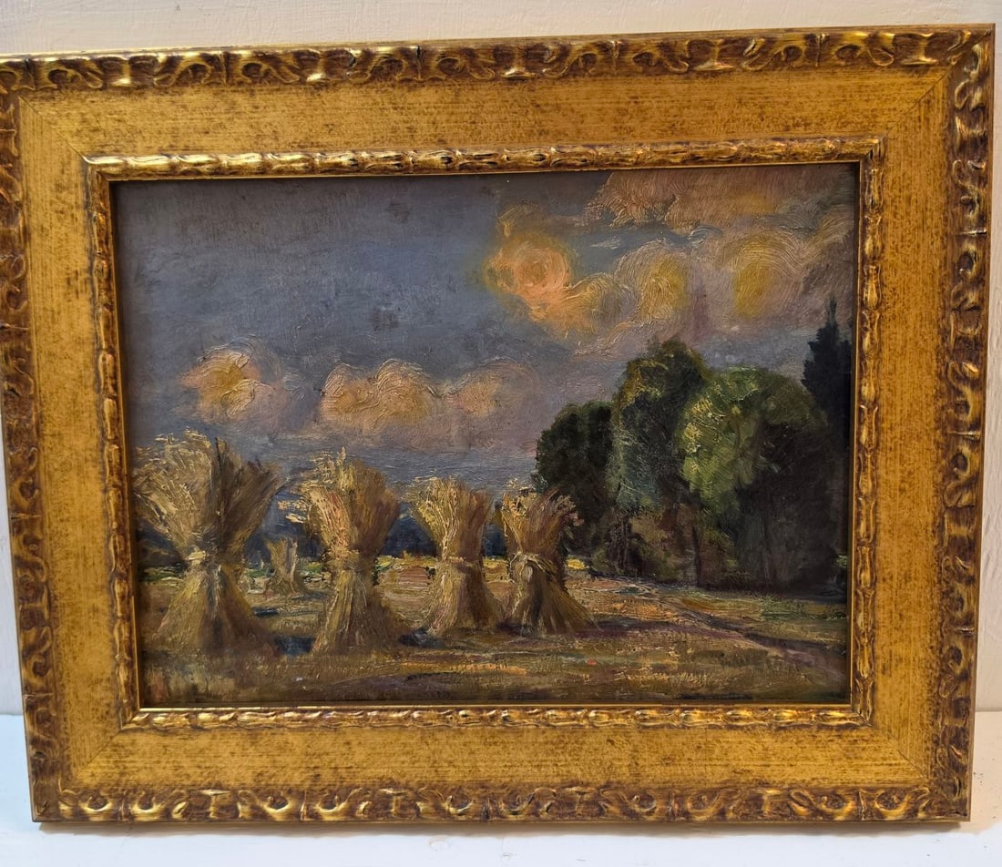 1923 Impressonist Painting - Summer Haystacks: "Hochsommer", 1923. Oil on artist's cardstock board. Signed to lower right. Title and notations to the reverse along with art supply label. New custom giltwood frame. Good condition; paint flake loss
