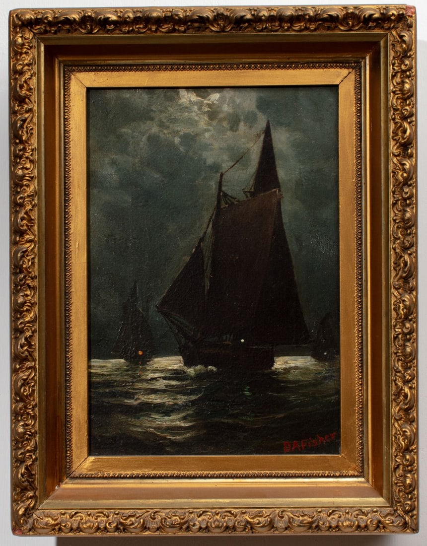 D.A. Fisher "Sailing by Moonlight" Oil on Canvas: D.A. Fisher (1867-1940 Maine) "Sailing by Moonlight" Oil on Canvas. Signed lower right, Christopher Queen Galleries, Duncan Mills CA label on verso. Canvas measures 13x9", framed in oornate gilt frame