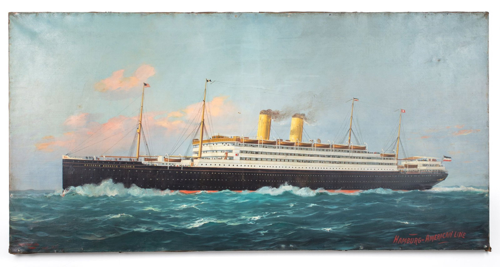 Frederick Pansing Ocean Liner LARGE Oil Painting: Frederick Pansing (1844-1912 New Jersey) "Hamburg-American Line Kaiserin Auguste Victoria" Oil on Canvas Steamship Large Painting, 1907. Depicts an ocean liner on the open sea with smoke stacks billow