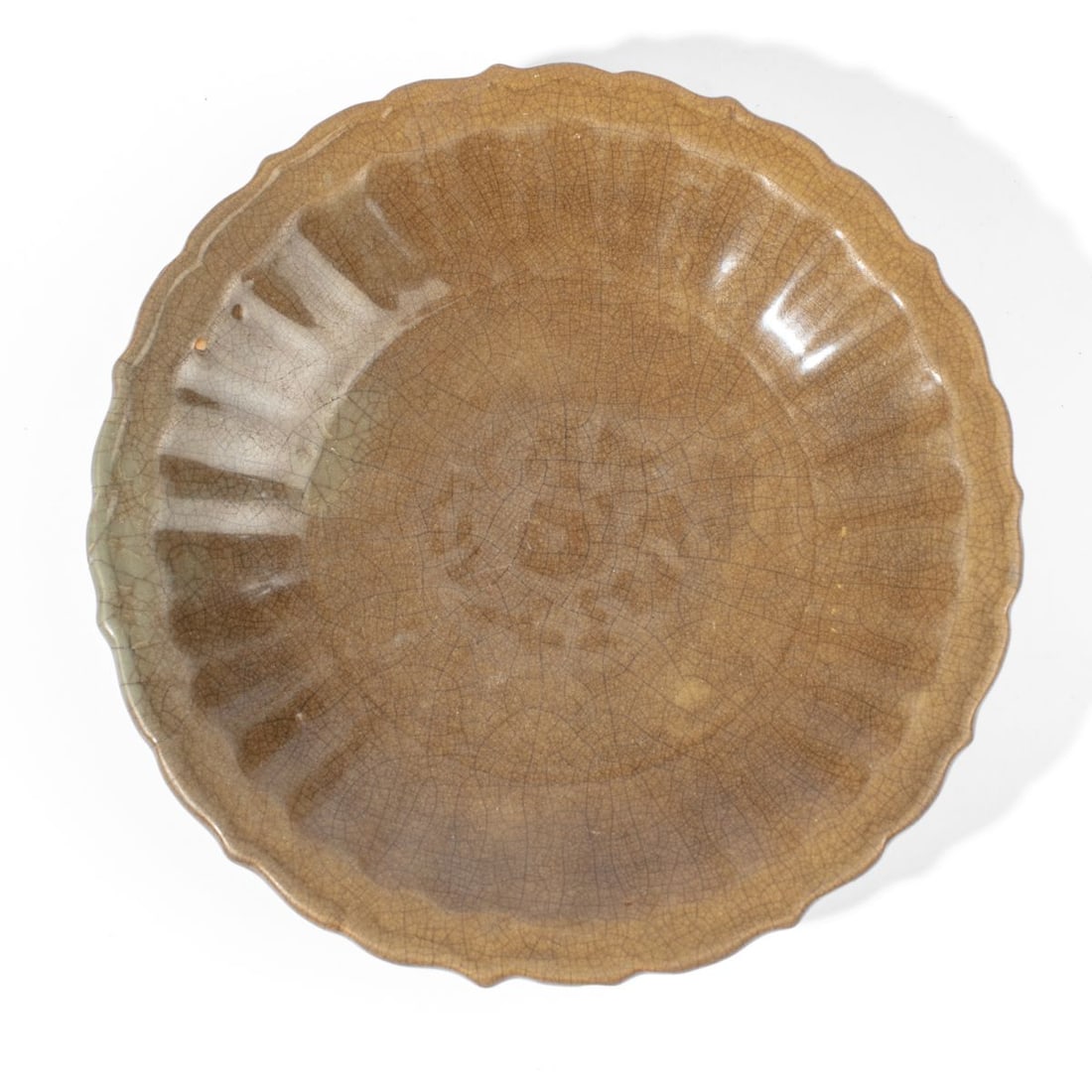 Chinese Ming Celadon Charger: Chinese Ming dynasty celadon barbed-rim charger. Bottom shows fired on a ring. Good condition with expected glaze wear to center from use. 2 3/8" H x 12 1/4" dia.