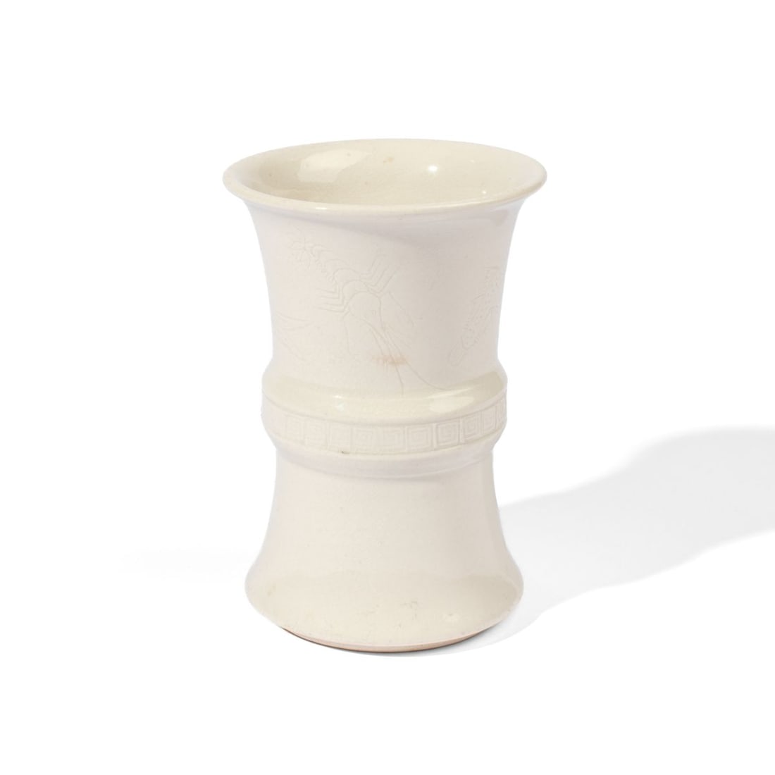 Chinese Dehua Gy Shape Vase: 18th century Chinese Dehua (Blanc de Chine) Gy shaped vase with incised designs of fish and a shrimp to the upper exterior portion. All-over fine crazing to the glaze. Good condition. 4 5/8" H x 3 1/8