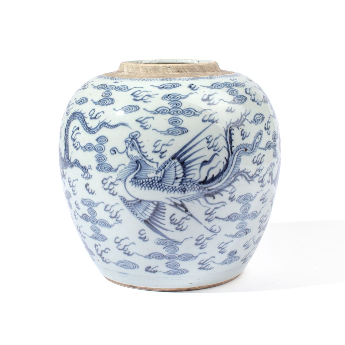 18th C. Chinese Blue & White Dragon & Phoenix Jar: 18th century Chinese blue & white ginger jar decorated with two dragons and two phoenix birds among clouds. Unglazed lip; lid not included. Old wax export seal held under cellophane tape. Bottom with 