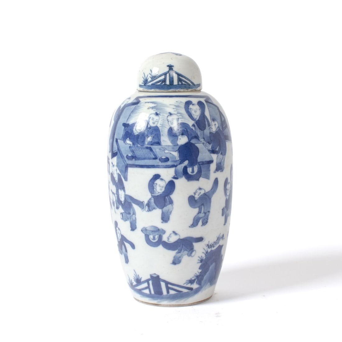 Chinese Kangxi Mark Blue & White Covered Vase: Fine Chinese Qing dynasty blue & white porcelain covered vase decorated with boys playing. Kangxi underglaze blue mark to underside. Excellent condition. 7.5" H approx.
