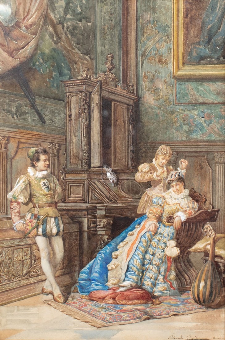 Edoardo Gioja Renaissance Court Scene Watercolor: Edoardo Gioja (1862-1936). Original watercolor depicting an Italian Renaissance court scene. Signature with "Roma" lower right. Alexander Harrison Gallery, 619 Howe St., Vancouver, label to the revers