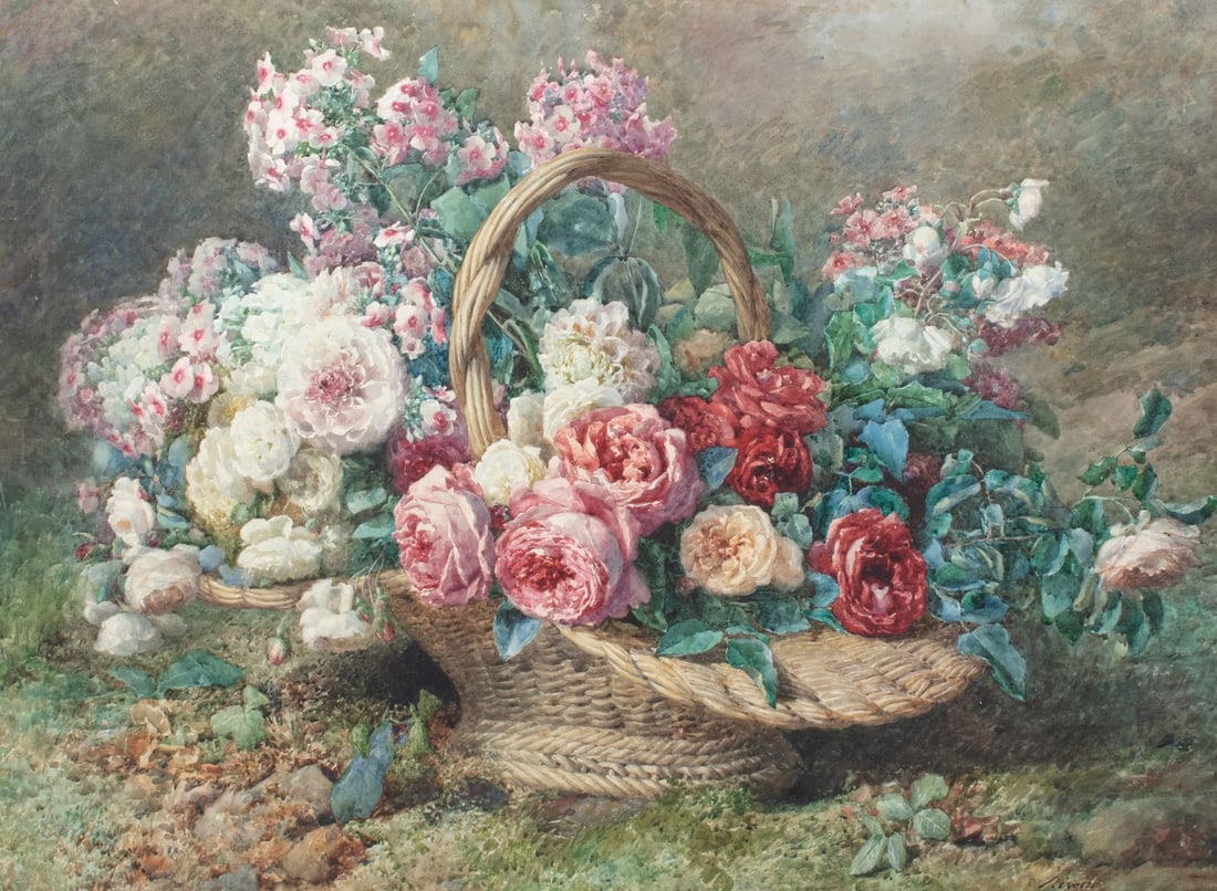 Francois Rivoire (France) Large Watercolor Roses: Francois Rivoire (French, 1842-1919). Large watercolor on paper depicting a basket of roses and hydrangeas on a mossy bank. Signed lower right. Appears to be original solid walnut frame with gold leaf