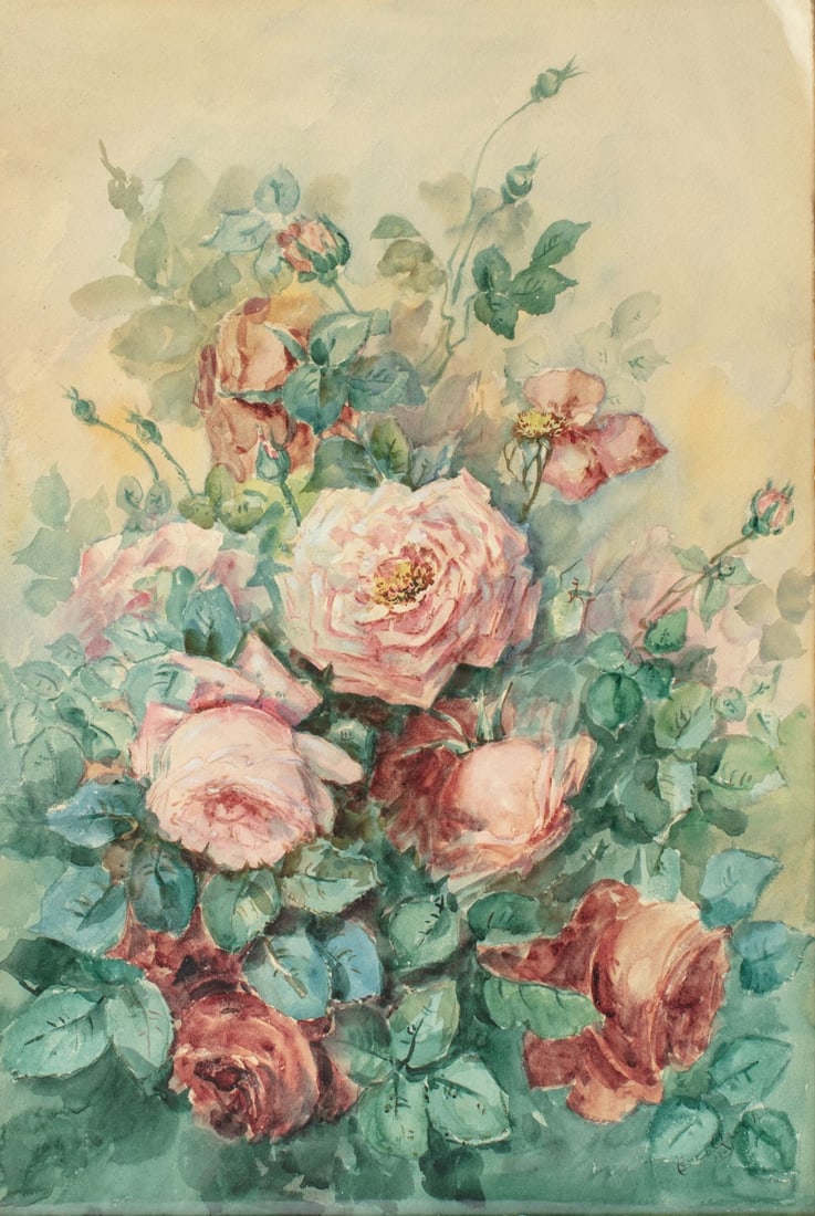 1904 Artist Signed Watercolor - Roses: Antique watercolor on paper painting of roses. Signed and dated 1904 lower right corner. Original gilt gesso on oak frame. Appears in good condition with small expected areas of toning, etc. Frame 25.
