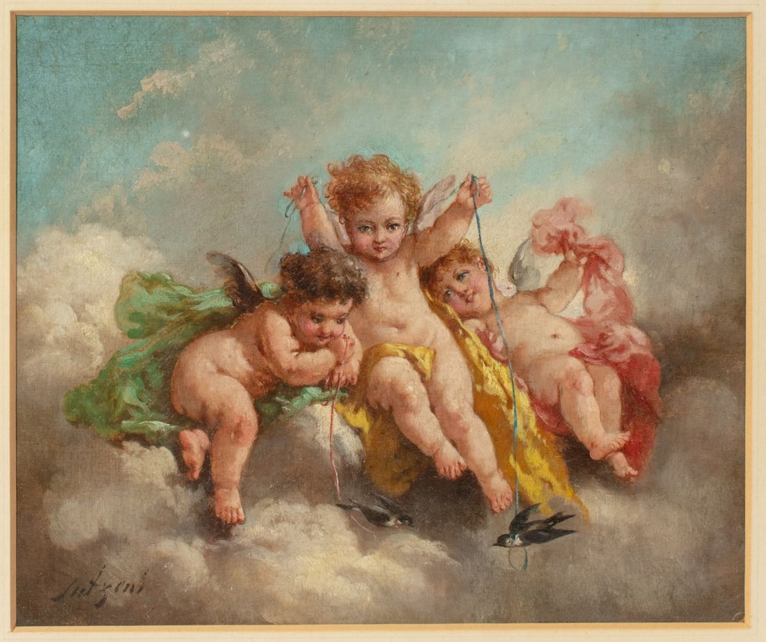 Charles Augustus Lutyens Oil Painting - Cherubs: Charles Augustus Henry Lutyens (British, 1829-1915). 19th century oil painting depicting three cherubs on clouds with birds on ribbon "leashes". Signed lower left. Appears to be on canvas panel; not e