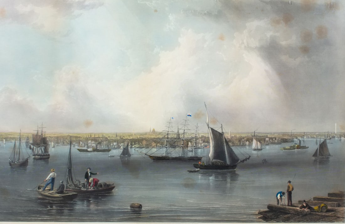 Monumental "Boston" Engraving C Mottram / JW Hill: Monumental 1857 hand-colored engraving of Boston Harbor after a painting by John William Hill. Engraved by Charles Mottram and published by Smith Bros & Co., New York. Appears in good condition with a